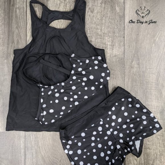NWOT Yonique SM Black & White Polka Dot 3 Piece Tankini - Picture 4 of 16